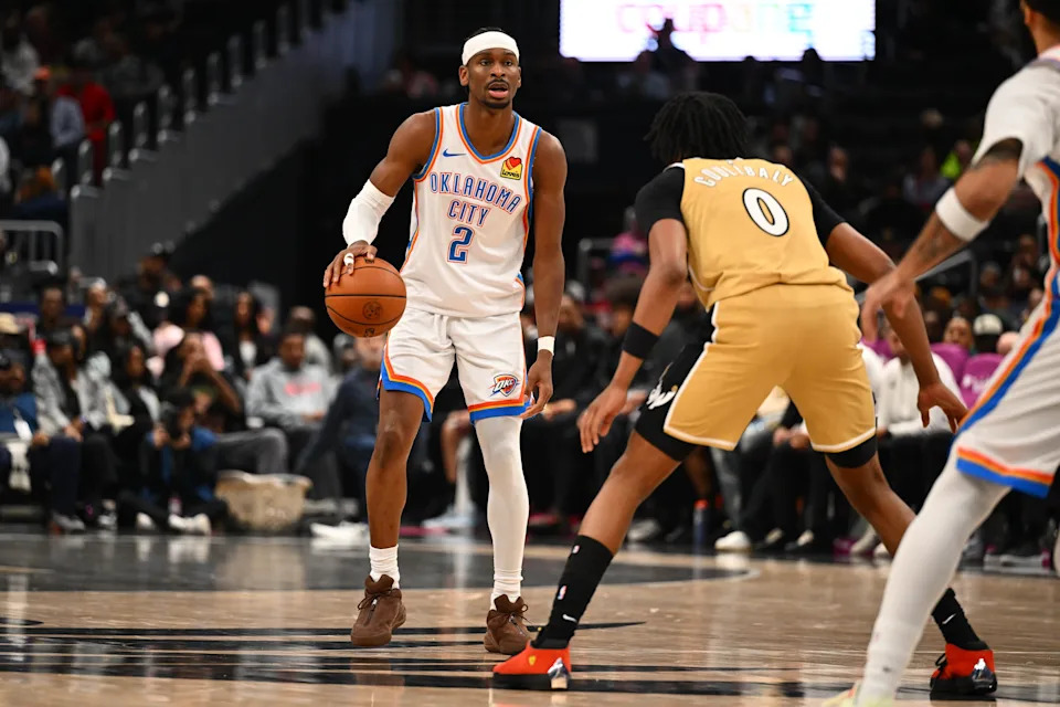 Mar 21, 2026; Washington, District of Columbia, USA; Oklahoma City Thunder guard Shai Gilgeous-Alexander (2) dribbles as Washington Wizards guard Bilal Coulibaly (0) defends during the second half at Capital One Arena. Mandatory Credit: Brad Mills-Imagn Images