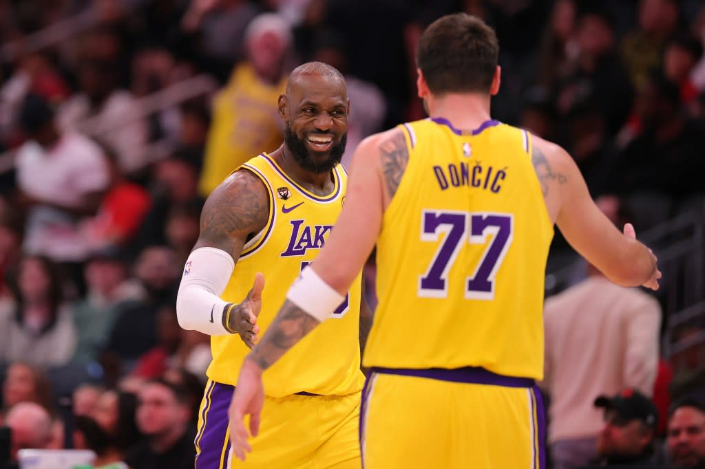 Luka Doncic and LeBron James are healthy and helping the Lakers surge late in the season. Getty Images