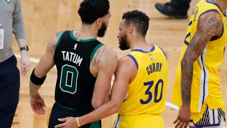 Boston Celtics' Jayson Tatum and Golden State Warriors' Stephen Curry