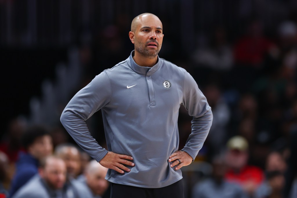 Jordi Fernandez, head coach for the Brooklyn Nets, reacts to a play during an NBA game.