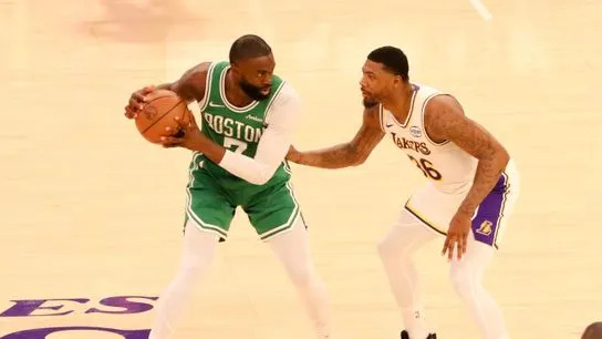 Los Angeles Lakers guard Marcus Smart (36) defends Boston Celtics guard Jaylen Brown (7) in the first half at crypto.com Arena.