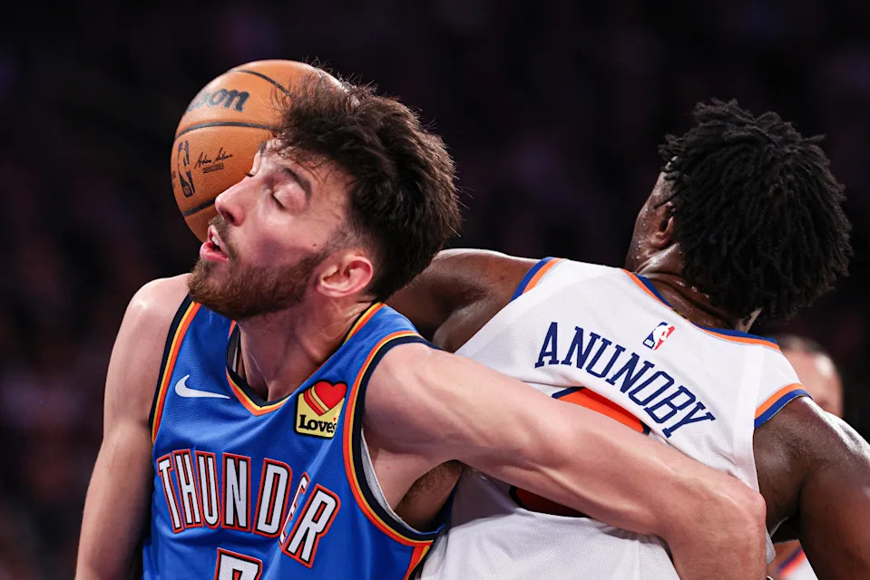 Mar 4, 2026; New York, New York, USA; Oklahoma City Thunder center Chet Holmgren (7) rebounds against New York Knicks forward Og Anunoby (8) during the second half at Madison Square Garden. Mandatory Credit: Vincent Carchietta-Imagn Images