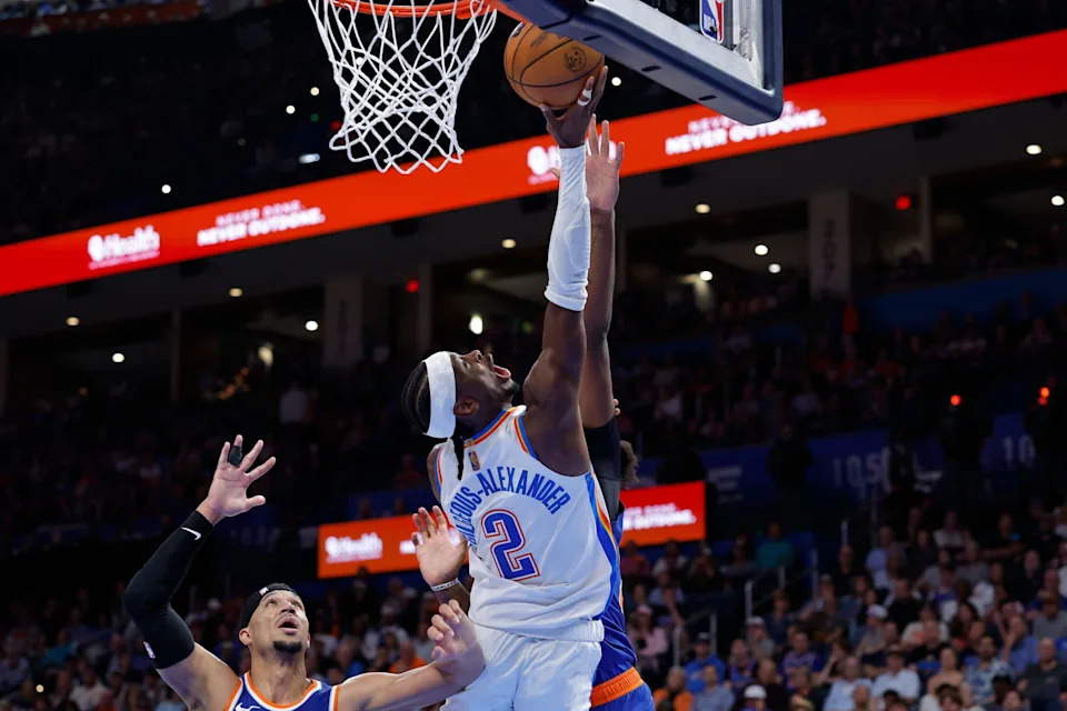 Mar 29, 2026; Oklahoma City, Oklahoma, USA; Oklahoma City Thunder guard Shai Gilgeous-Alexander (2) shoots from under the basket against New York Knicks during the second half at Paycom Center. Mandatory Credit: Alonzo Adams-Imagn Images