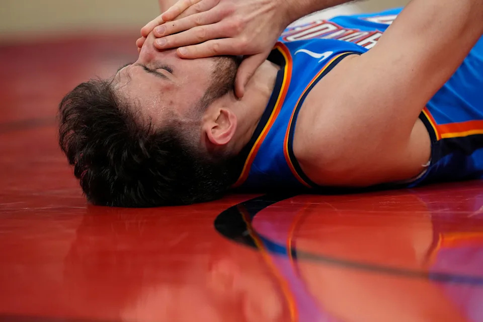 CHICAGO, ILLINOIS - MARCH 03: Chet Holmgren #7 of the Oklahoma City Thunder reacts after a play during the third quarter against the Chicago Bulls at the United Center on March 03, 2026 in Chicago, Illinois. NOTE TO USER: User expressly acknowledges and agrees that, by downloading and or using this photograph, User is consenting to the terms and conditions of the Getty Images License Agreement. (Photo by Patrick McDermott/Getty Images)