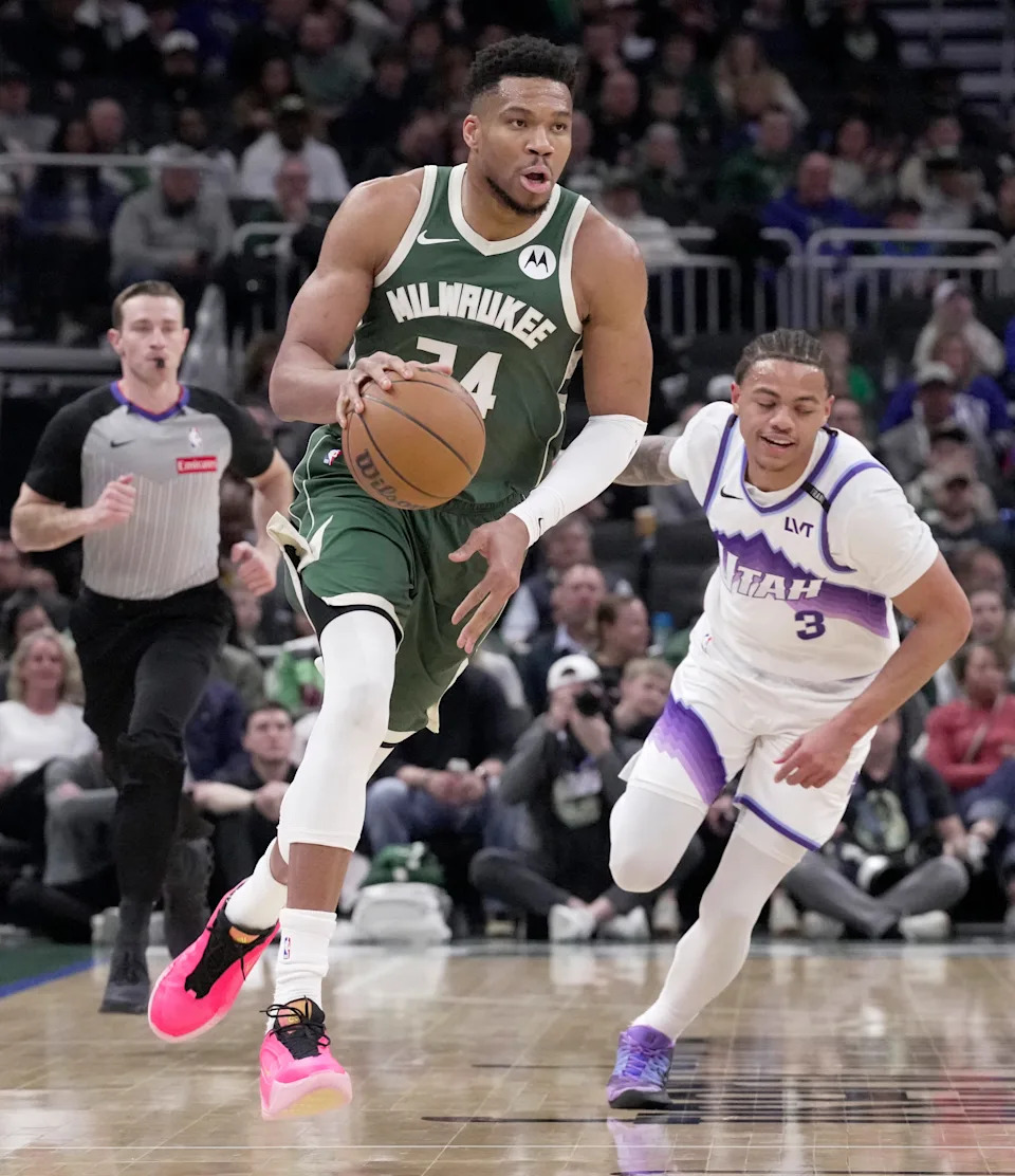 Milwaukee Bucks forward Giannis Antetokounmpo (34) drives past Utah Jazz guard Keyonte George (3) during the first half of their game Saturday, March 7, 2026 at Fiserv Forum in Milwaukee, Wisconsin.