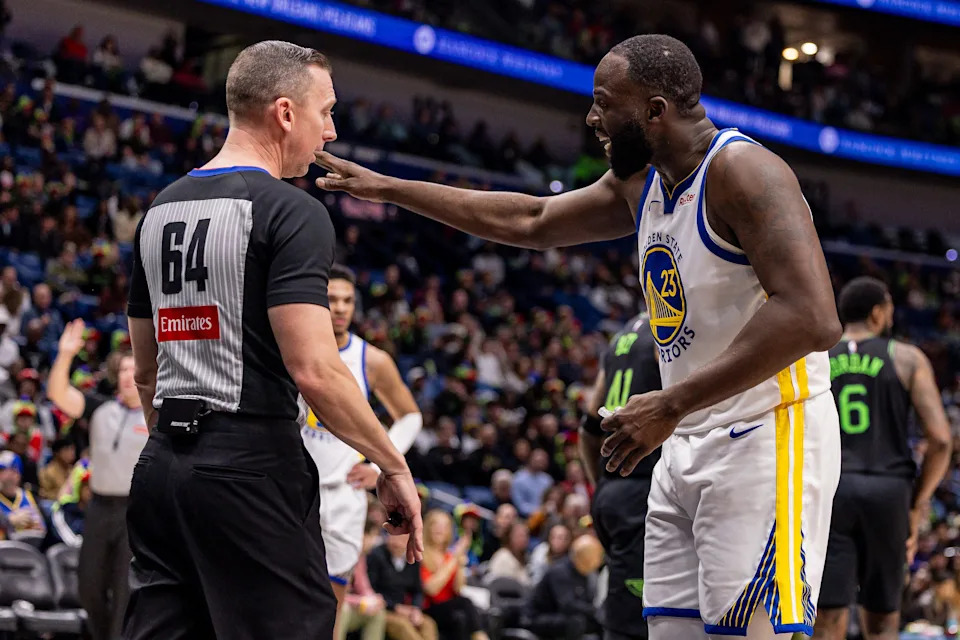 Feb 24, 2026; New Orleans, Louisiana, USA; Golden State Warriors forward Draymond Green (23) reacts to a play against the New Orleans Pelicans during the first half at Smoothie King Center. Mandatory Credit: Stephen Lew-Imagn Images