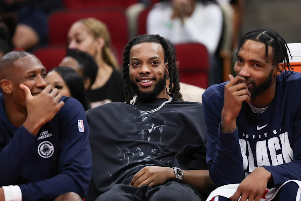 Darius Garland (center) is set to make his debut for the Clippers, nearly one month after the trade that sent him from Cleveland to Los Angeles. (Jack Gorman/Getty Images)