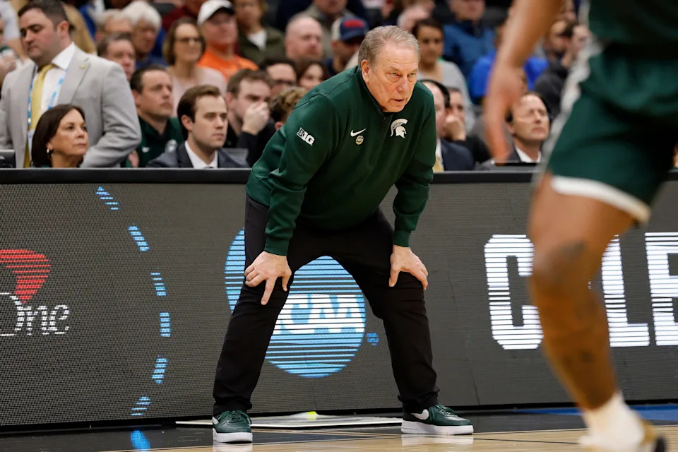 Mar 27, 2026; Washington, DC, USA; Michigan State Spartans head coach Tom Izzo in the first half during a Sweet Sixteen game of the East Regional of the men's 2026 NCAA Tournament at Capital One Arena. Mandatory Credit: Geoff Burke-Imagn Images