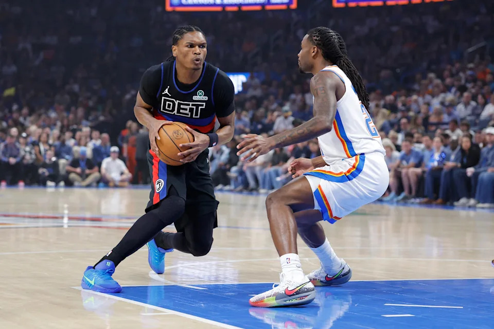 Mar 30, 2026; Oklahoma City, Oklahoma, USA; Detroit Pistons guard Ausar Thompson (9) drives down the court as Oklahoma City Thunder guard Cason Wallace (22) defends during the first quarter at Paycom Center. Mandatory Credit: Alonzo Adams-Imagn Images