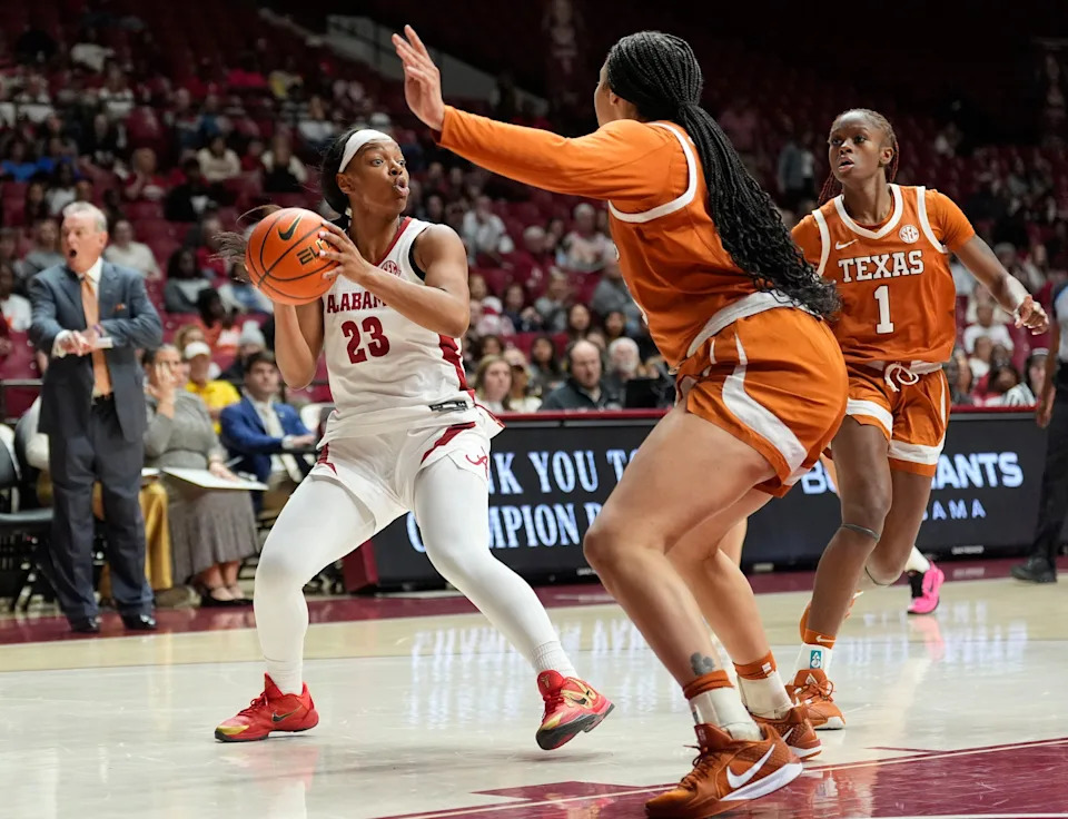 Mar 1, 2026; Tuscaloosa, AL, USA; Alabama guard Jessica Timmons (23) looks to pass against Texas at Coleman Coliseum. Mandatory Credit: Gary Cosby Jr.-Tuscaloosa News