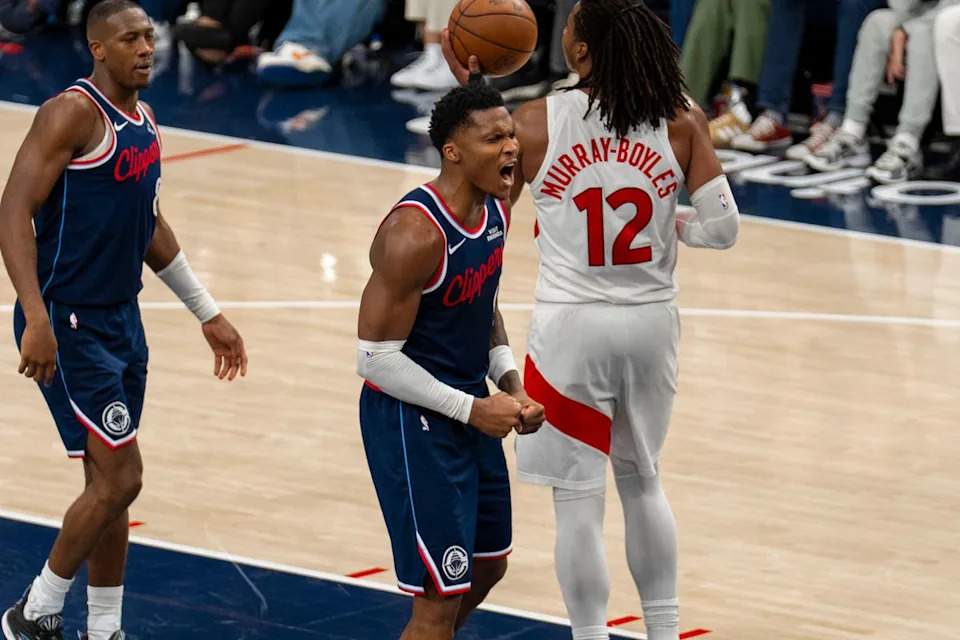 Los Angeles Clippers guard Bennedict Mathurin (9) celebrates his and-one during an NBA basketball game against the Toronto Raptors, Wednesday March 25th, 2026 in Los Angeles, California.