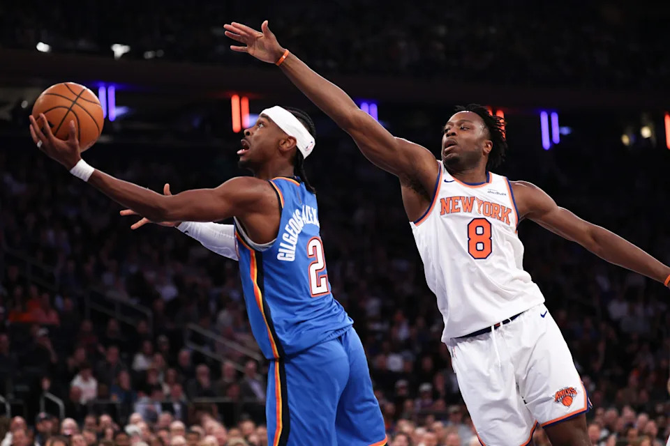 Mar 4, 2026; New York, New York, USA; Oklahoma City Thunder guard Shai Gilgeous-Alexander (2) goes to the basket against New York Knicks forward Og Anunoby (8) during the first half at Madison Square Garden. Mandatory Credit: Vincent Carchietta-Imagn Images