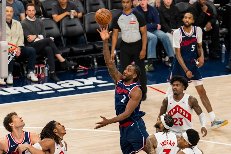 Los Angeles Clippers forward Kawhi Leonard (2) finishes the and-one during an NBA basketball game against the Toronto Raptors, Wednesday March 25th, 2026 in Los Angeles, California.