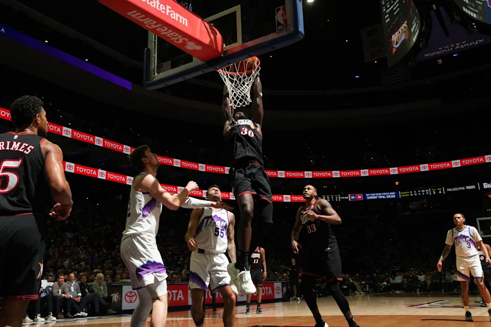PHILADELPHIA, PA – MARCH 4: Adem Bona #30 of the Philadelphia 76ers dunks the ball during the game against the Utah Jazz on March 4, 2026 at the Wells Fargo Center in Philadelphia, Pennsylvania NOTE TO USER: User expressly acknowledges and agrees that, by downloading and/or using this Photograph, user is consenting to the terms and conditions of the Getty Images License Agreement. Mandatory Copyright Notice: Copyright 2026 NBAE (Photo by Jesse D. Garrabrant/NBAE via Getty Images) | NBAE via Getty Images