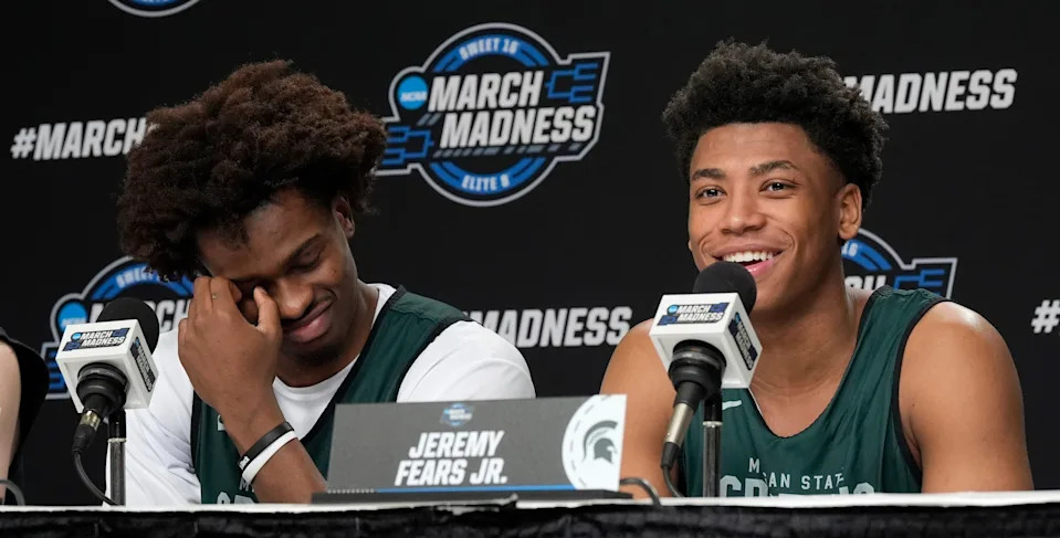 (L to R) Michigan State basketball players Coen Carr and Jeremy Fears Jr. have a laugh talking about their coach Tom Izzo during a press conference at Capital One Arena in Washington DC on Thursday, March 26, 2026.
The Spartans play the University of Connecticut on Friday evening.