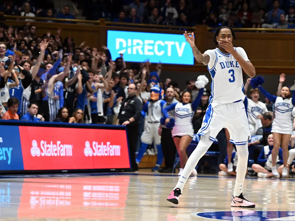 Feb 28, 2026; Durham, North Carolina, USA; Duke Blue Devils forward Isaiah Evans (3) reacts after hitting a three-pointer during the second half against the Virginia Cavaliers at Cameron Indoor Stadium. Duke won 77-51. Mandatory Credit: Rob Kinnan-Imagn Images