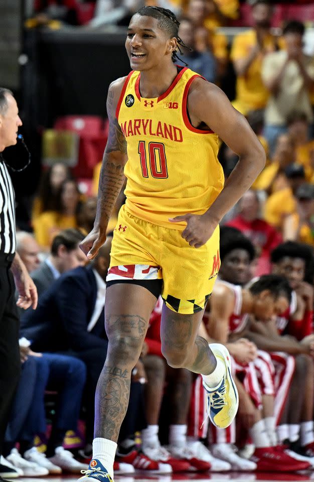 Julian Reese celebrates during the game against the Indiana Hoosiers at Xfinity Center on March 03, 2024 in College Park, Maryland.Credit: G Fiume/Getty