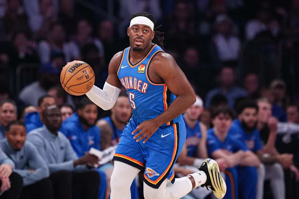 Mar 4, 2026; New York, New York, USA; Oklahoma City Thunder guard Luguentz Dort (5) dribbles up court against the New York Knicks during the first half at Madison Square Garden. Mandatory Credit: Vincent Carchietta-Imagn Images
