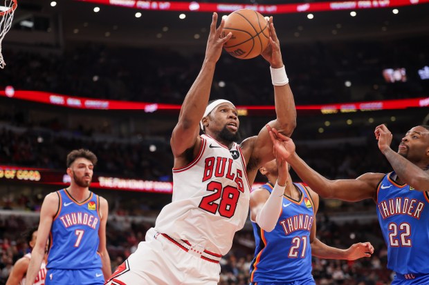 Chicago Bulls forward Guerschon Yabusele (28) grabs a rebound during the first quarter against the Oklahoma City Thunder at the United Center March 3, 2026 in Chicago. (Armando L. Sanchez/Chicago Tribune)
