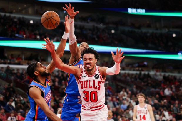Chicago Bulls guard Tre Jones (30) gets fouled during the first quarter against the Oklahoma City Thunder at the United Center March 3, 2026 in Chicago. (Armando L. Sanchez/Chicago Tribune)