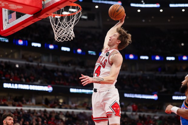 Chicago Bulls forward Matas Buzelis (14) goes up for a dunk but fails to make the basket during the first quarter against the Oklahoma City Thunder at the United Center March 3, 2026 in Chicago. (Armando L. Sanchez/Chicago Tribune)