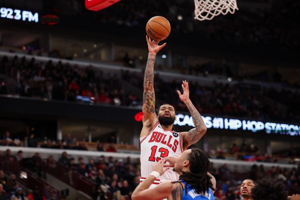 Chicago Bulls center Nick Richards (13) goes up for a basket during the first quarter against the Oklahoma City Thunder at the United Center March 3, 2026 in Chicago. (Armando L. Sanchez/Chicago Tribune)