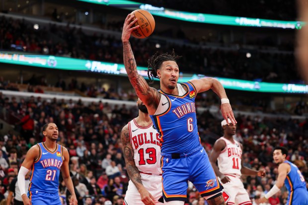 Oklahoma City Thunder forward Jaylin Williams (6) grabs a rebound during the first quarter against the Chicago Bulls at the United Center March 3, 2026 in Chicago. (Armando L. Sanchez/Chicago Tribune)