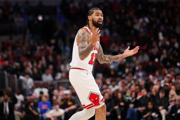 Chicago Bulls center Nick Richards (13) reacts after a dunk was called a no basket during the first quarter against the Oklahoma City Thunder at the United Center March 3, 2026 in Chicago. (Armando L. Sanchez/Chicago Tribune)