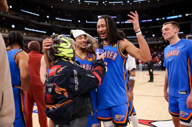 Oklahoma City Thunder forward Jaylin Williams (6) is interviewed on the court after the Thunder defeated the Chicago Bulls, 116-108, at the United Center March 3, 2026 in Chicago. (Armando L. Sanchez/Chicago Tribune)