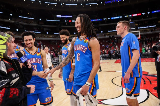 Oklahoma City Thunder forward Jaylin Williams (6) is interviewed on the court after the Thunder defeated the Chicago Bulls, 116-108, at the United Center March 3, 2026 in Chicago. (Armando L. Sanchez/Chicago Tribune)