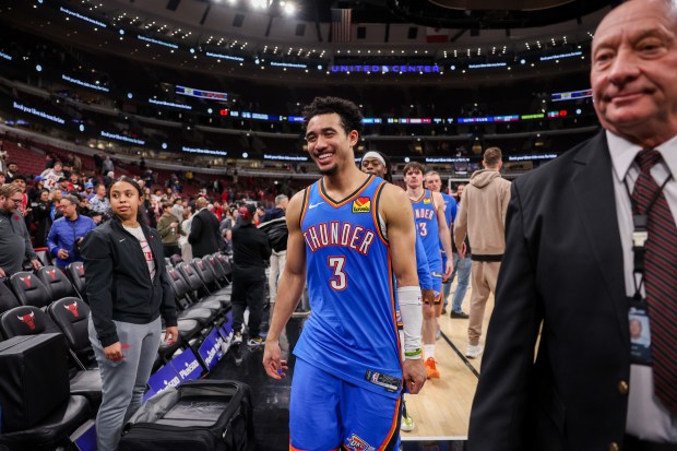 Oklahoma City Thunder guard Jared McCain (3) walks off the court after the Thunder defeated the Chicago Bulls, 116-108, at the United Center March 3, 2026 in Chicago. (Armando L. Sanchez/Chicago Tribune)