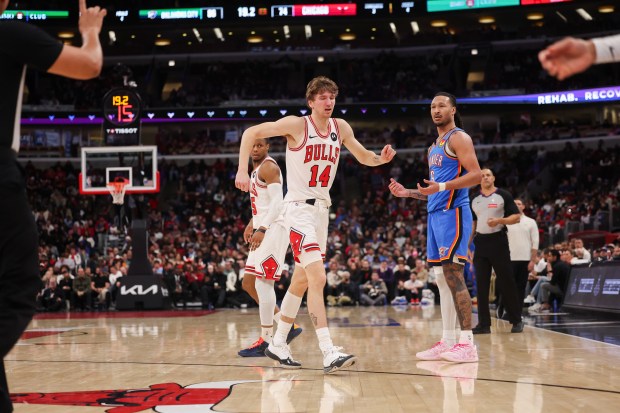 Chicago Bulls forward Matas Buzelis (14) walks off the court before going to the locker room after falling on the court during the third quarter against the Oklahoma City Thunder at the United Center March 3, 2026 in Chicago. (Armando L. Sanchez/Chicago Tribune)