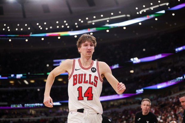 Chicago Bulls forward Matas Buzelis (14) walks off the court before going to the locker room after falling on the court during the third quarter against the Oklahoma City Thunder at the United Center March 3, 2026 in Chicago. (Armando L. Sanchez/Chicago Tribune)