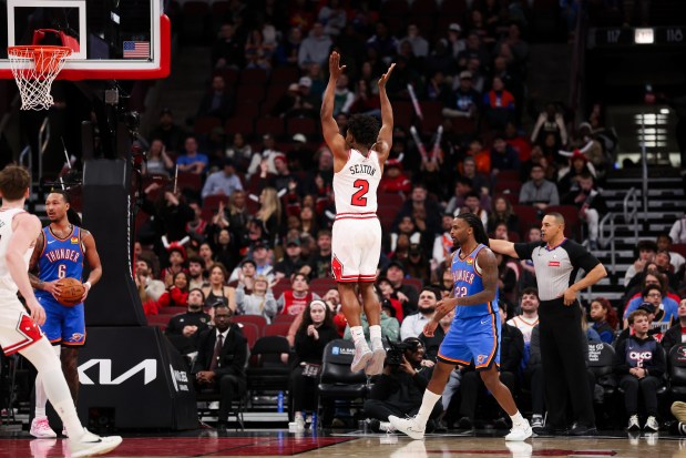 Chicago Bulls guard Collin Sexton (2) jumps in the air after making a three-point shot during the fourth quarter against the Oklahoma City Thunder at the United Center March 3, 2026 in Chicago. (Armando L. Sanchez/Chicago Tribune)