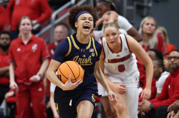 Hannah Hidalgo #3 of Notre Dame Fighting Irish celebrates in the second half against the Louisville Cardinals at KFC YUM! Center on March 01, 2026 in Louisville, Kentucky. (Photo by Andy Lyons/Getty Images)