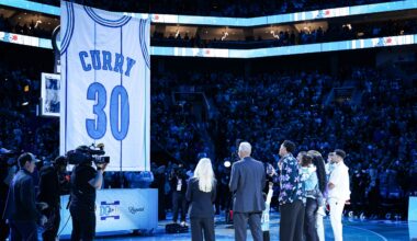Dell Curry reflects as his No. 30 jersey is sent to the rafters by Hornets