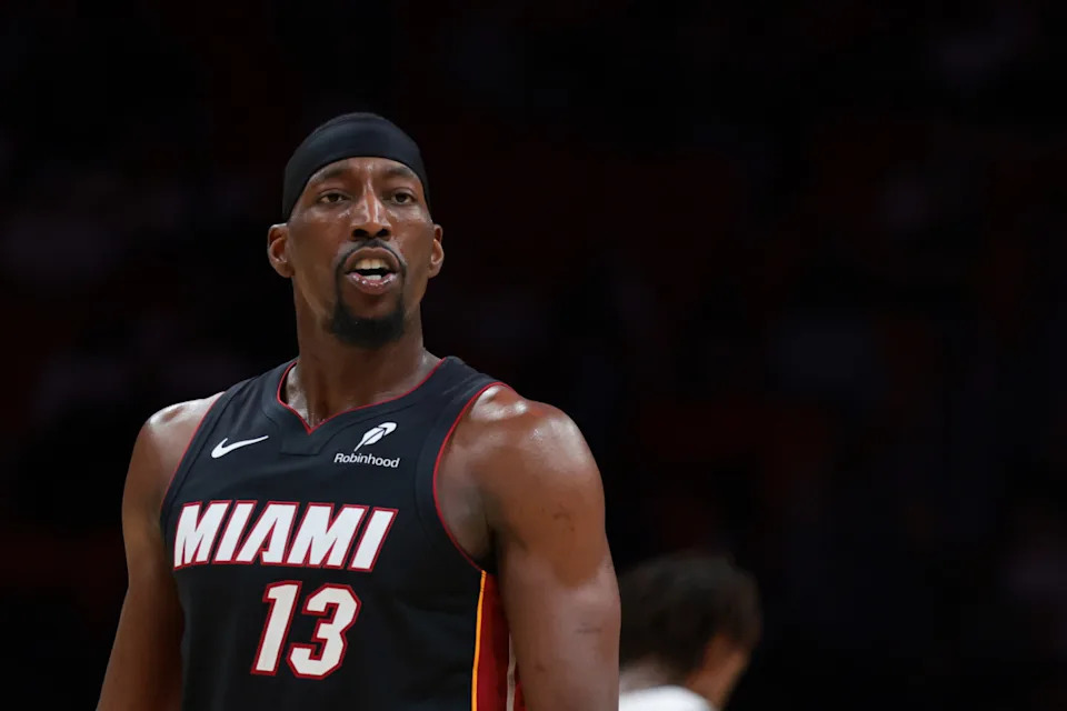 Miami Heat center Bam Adebayo reacts toward the referee during a game against the Brooklyn NetsSam Navarro-Imagn Images