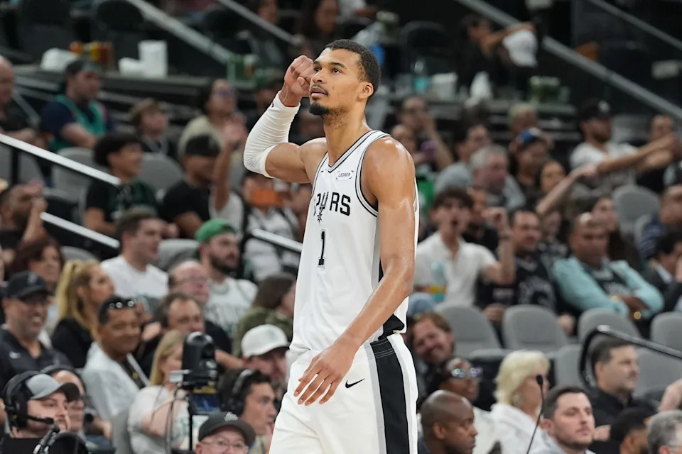 Mar 10, 2026; San Antonio, Texas, USA; San Antonio Spurs forward Victor Wembanyama (1) walks off the court in the second half against the Boston Celtics at Frost Bank Center. Mandatory Credit: Daniel Dunn-Imagn Images