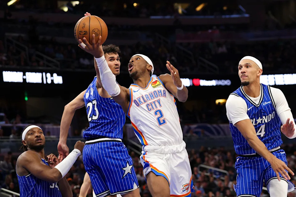 Mar 17, 2026; Orlando, Florida, USA; Oklahoma City Thunder guard Shai Gilgeous-Alexander (2) drives to the basket past Orlando Magic forward Tristan da Silva (23) in the fourth quarter at Kia Center. Mandatory Credit: Nathan Ray Seebeck-Imagn Images