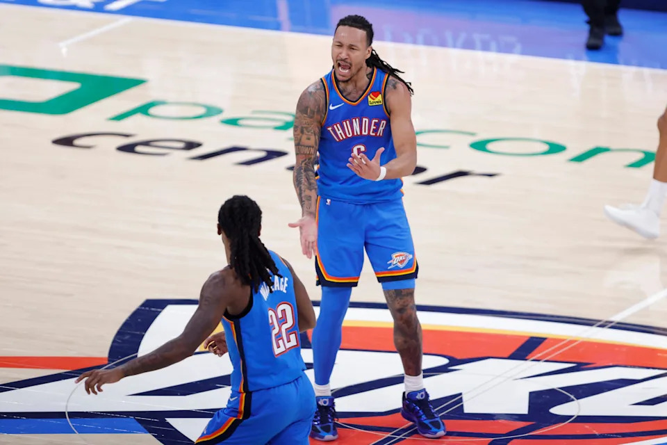 Mar 9, 2026; Oklahoma City, Oklahoma, USA; Oklahoma City Thunder forward Jaylin Williams (6) celebrates after scoring against the Denver Nuggets during the second half at Paycom Center. Mandatory Credit: Alonzo Adams-Imagn Images