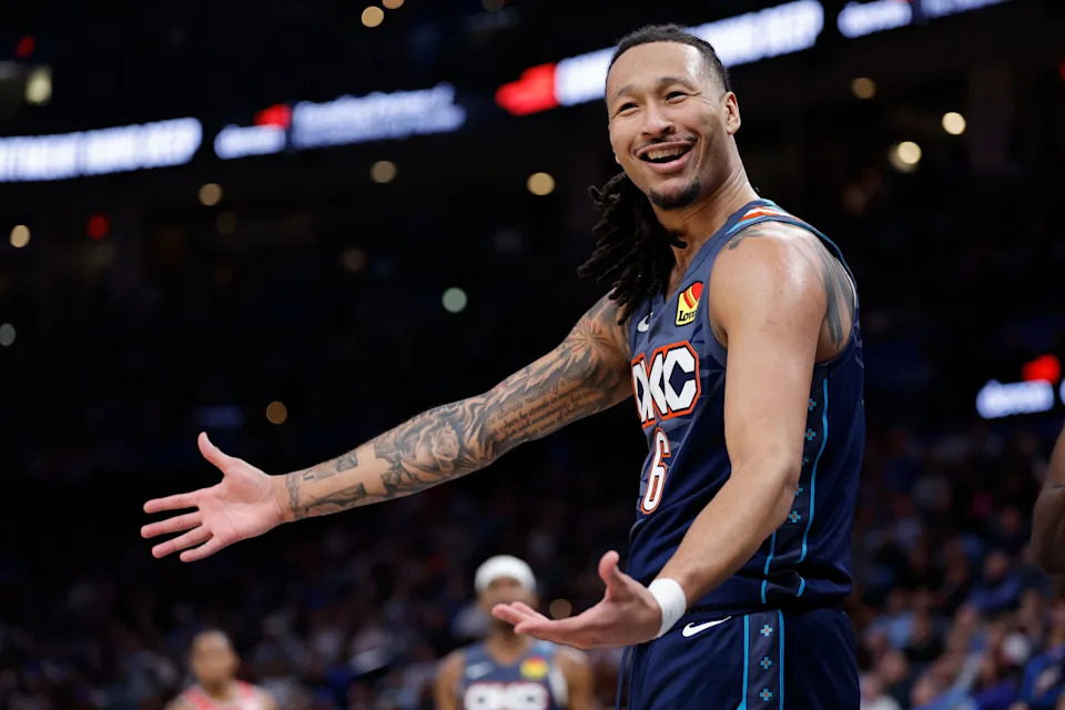 Mar 27, 2026; Oklahoma City, Oklahoma, USA; Oklahoma City Thunder forward Jaylin Williams (6) smiles after play against the Chicago Bulls during the second half at Paycom Center. Mandatory Credit: Alonzo Adams-Imagn Images