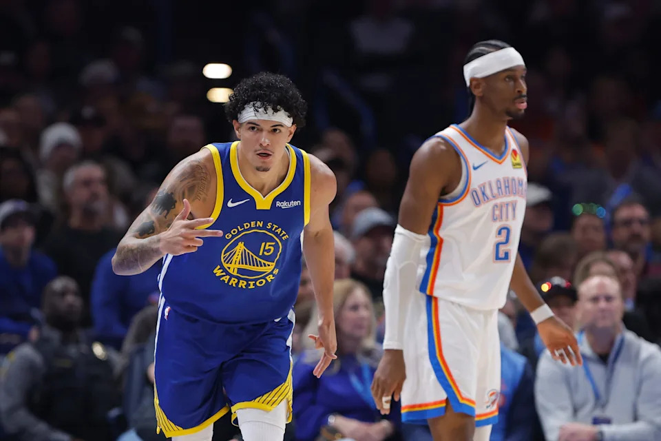Mar 7, 2026; Oklahoma City, Oklahoma, USA; Golden State Warriors forward Gui Santos (15) gestures after scoring against the Oklahoma City Thunder during the first half at Paycom Center. Mandatory Credit: Alonzo Adams-Imagn Images
