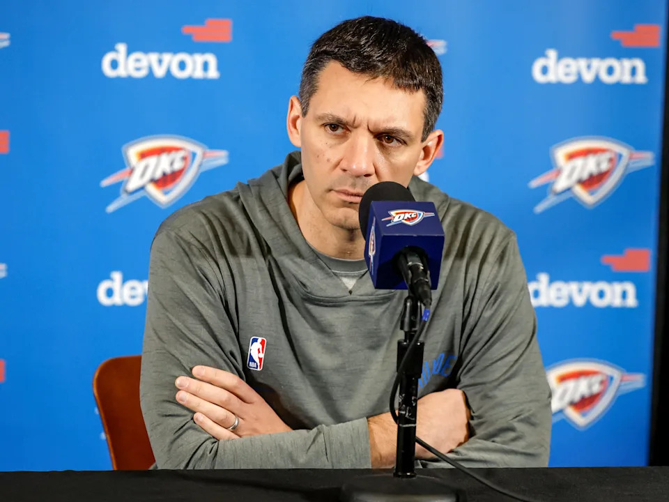 ORLANDO, FL - MARCH 17: Head Coach Mark Daigneault of the Oklahoma City Thunder talks with the media during the pre-game presser prior to the game against the Orlando Magic at the Kia Center on March 17, 2026 in Orlando, Florida. NOTE TO USER: User expressly acknowledges and agrees that, by downloading and or using this photograph, User is consenting to the terms and conditions of the Getty Images License Agreement. (Photo by Don Juan Moore/Getty Images)