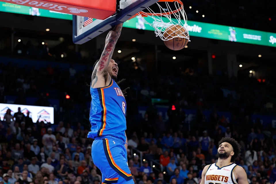 Mar 9, 2026; Oklahoma City, Oklahoma, USA; Oklahoma City Thunder forward Jaylin Williams (6) dunks against the Denver Nuggets during the second half at Paycom Center. Mandatory Credit: Alonzo Adams-Imagn Images