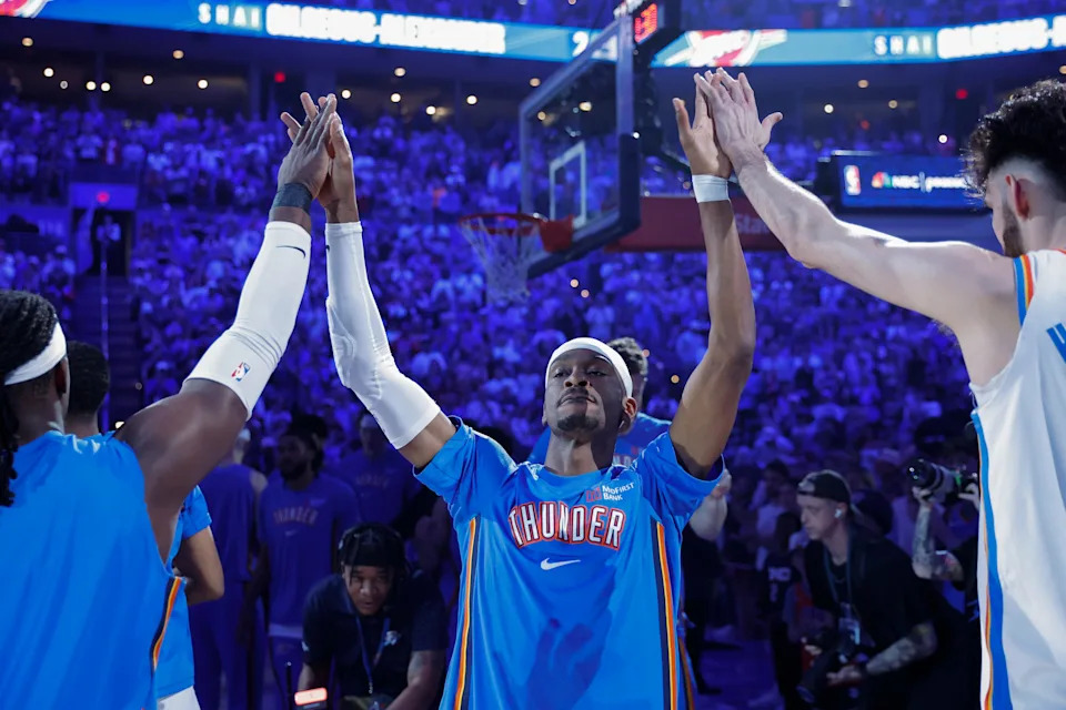 Mar 29, 2026; Oklahoma City, Oklahoma, USA; Oklahoma City Thunder guard Shai Gilgeous-Alexander (2) high fives his team during introductions before a game against the New York Knicks at Paycom Center. Mandatory Credit: Alonzo Adams-Imagn Images
