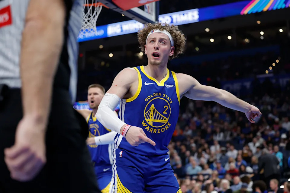 Mar 7, 2026; Oklahoma City, Oklahoma, USA; Golden State Warriors guard Brandin Podziemski (2) gestures to an official after a play against the Oklahoma City Thunder during the first half at Paycom Center. Mandatory Credit: Alonzo Adams-Imagn Images
