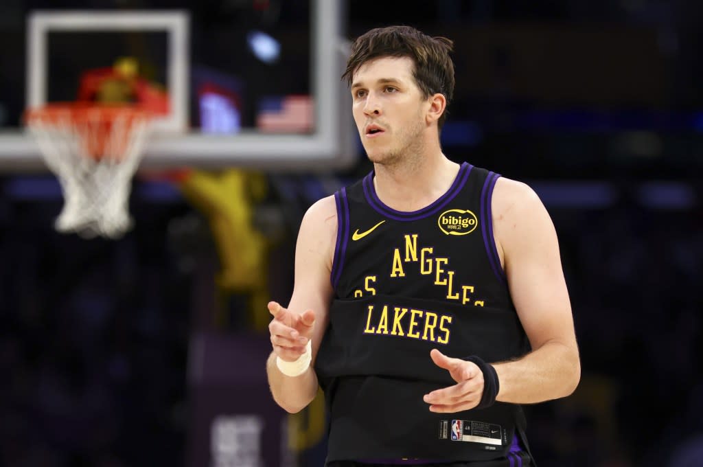 Austin Reaves, who scored 31 points, looks on during the Lakers’ 120-106 win over the Timberwolves in Los Angeles on March 10, 2026. Getty Images