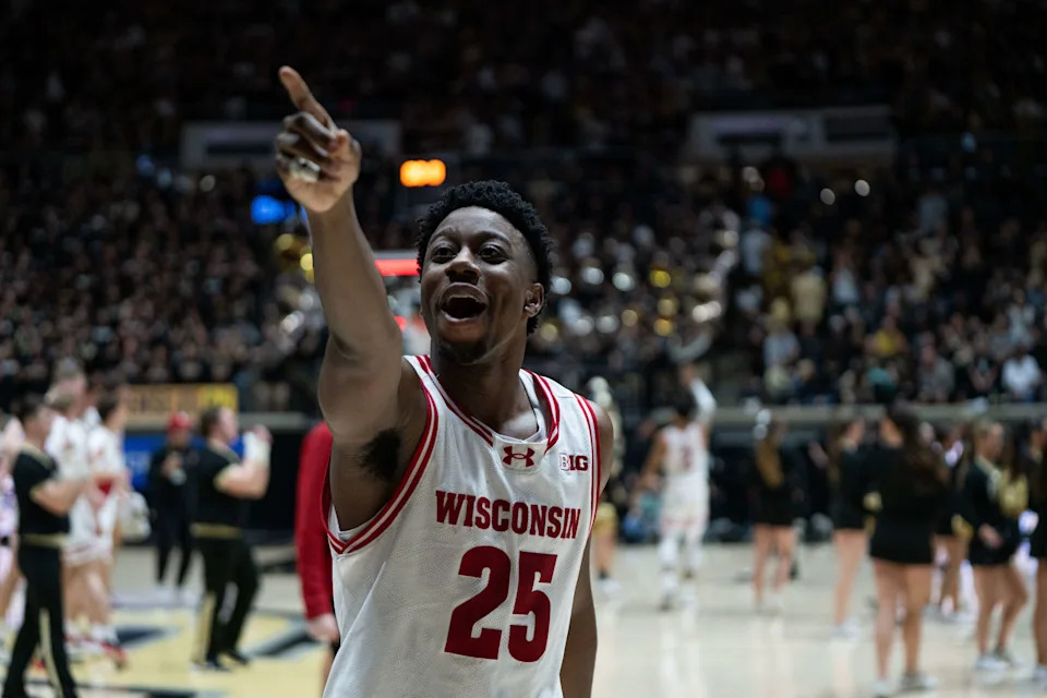 Mar 7, 2026; West Lafayette, Indiana, USA; Wisconsin Badgers guard John Blackwell (25) points and laughs at fans after beating the Purdue Boilermakers at Mackey Arena. Mandatory Credit: Jacob Musselman-Imagn Images