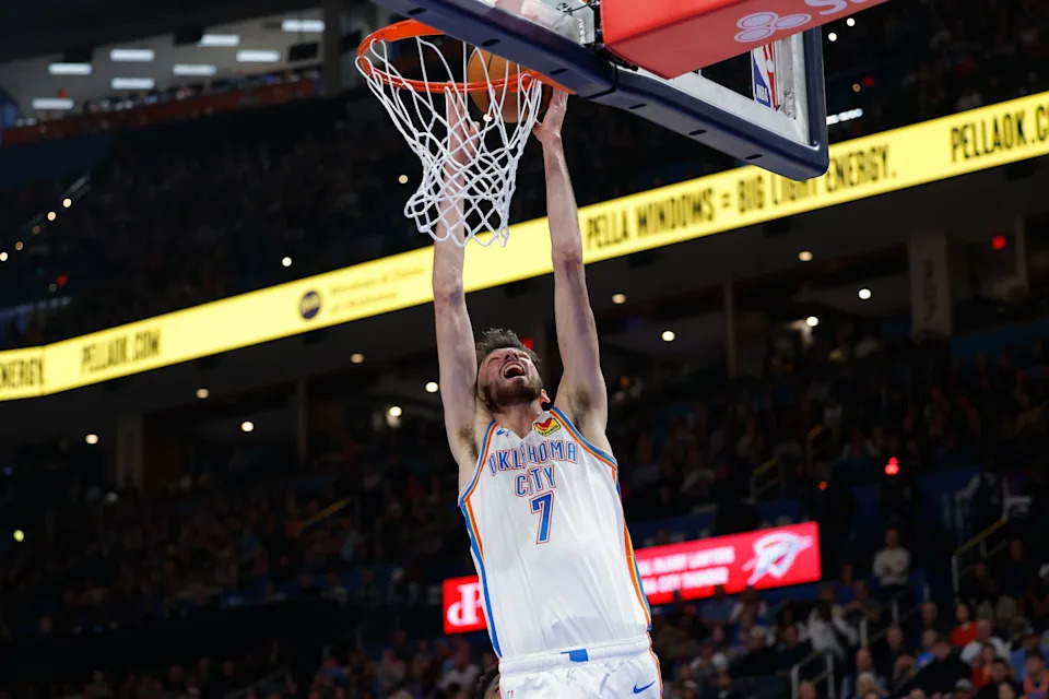 Mar 15, 2026; Oklahoma City, Oklahoma, USA; Oklahoma City Thunder center/forward Chet Holmgren (7) dunks against the Minnesota Timberwolves during the first half at Paycom Center. Mandatory Credit: Alonzo Adams-Imagn Images
