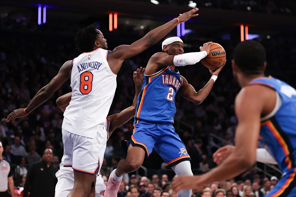 Mar 4, 2026; New York, New York, USA; Oklahoma City Thunder guard Shai Gilgeous-Alexander (2) looks to pass as New York Knicks forward Og Anunoby (8) defends during the first half at Madison Square Garden. Mandatory Credit: Vincent Carchietta-Imagn Images